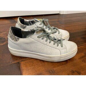 P448 White Leather Black Snakeskin Detail Low Top Lace-Up Sneakers, Size 10 | 40